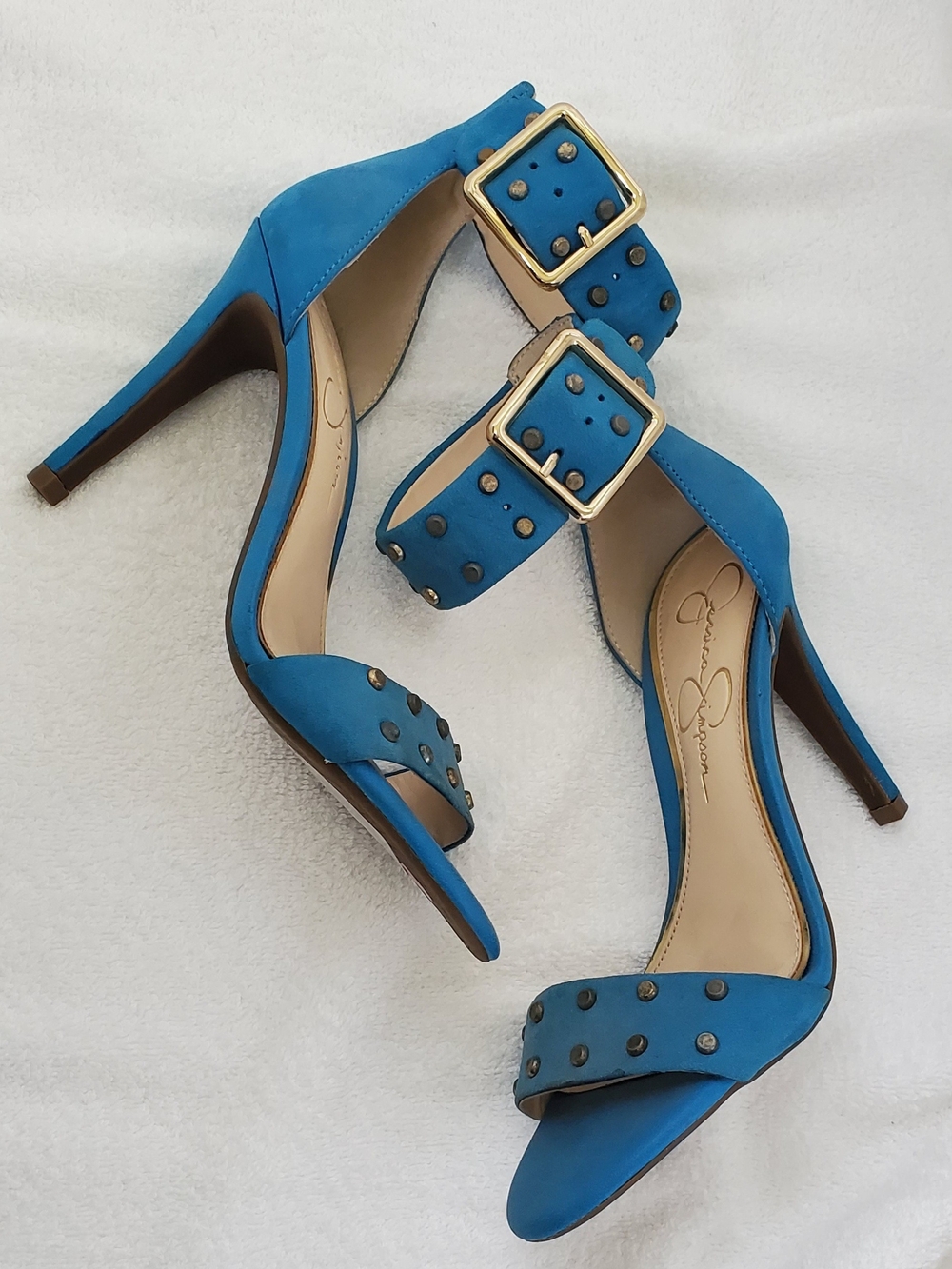 Jessica Simpson Teal-Blue Studded High Heel Sandals with Gold Buckles
